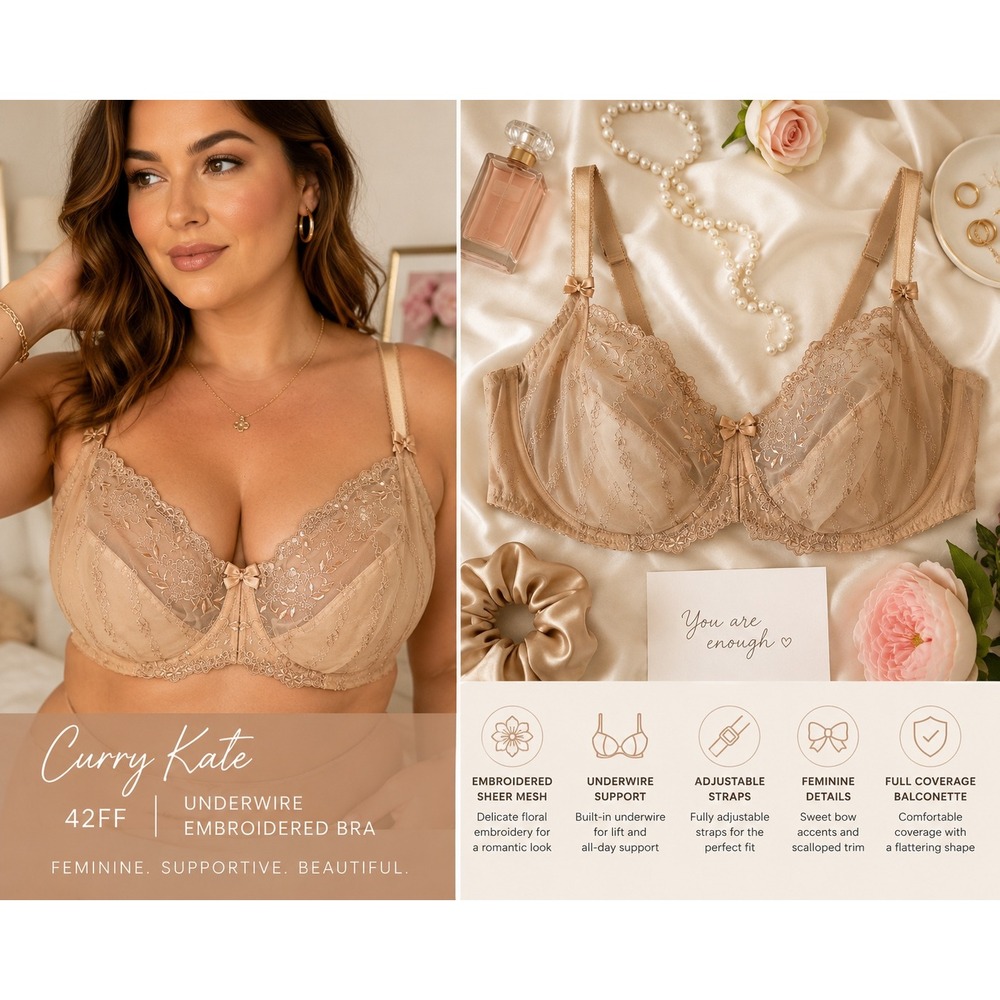 Curry Kate UK 42FF/US 42H Underwire Embroidered Bra Sheer Mesh Full Coverage‎